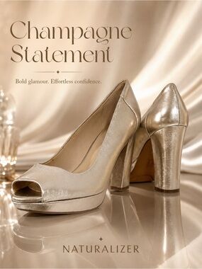 #57 Naturalizer Metallic Champagne Peep-Toe Block Heels